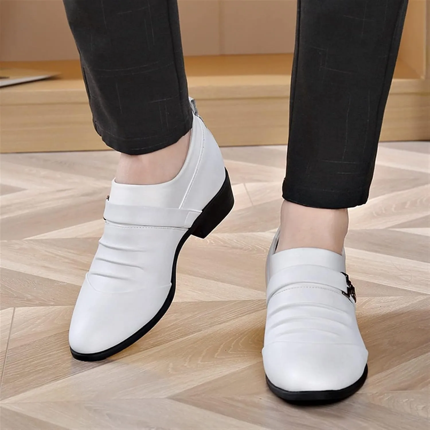 Dress Oxford for Men Slip On Pleated Monk Strap Height Increasing Elevator 2.7 Inches Leather Rubber Sole Block Heel Non Slip Anti-Slip Outdoor