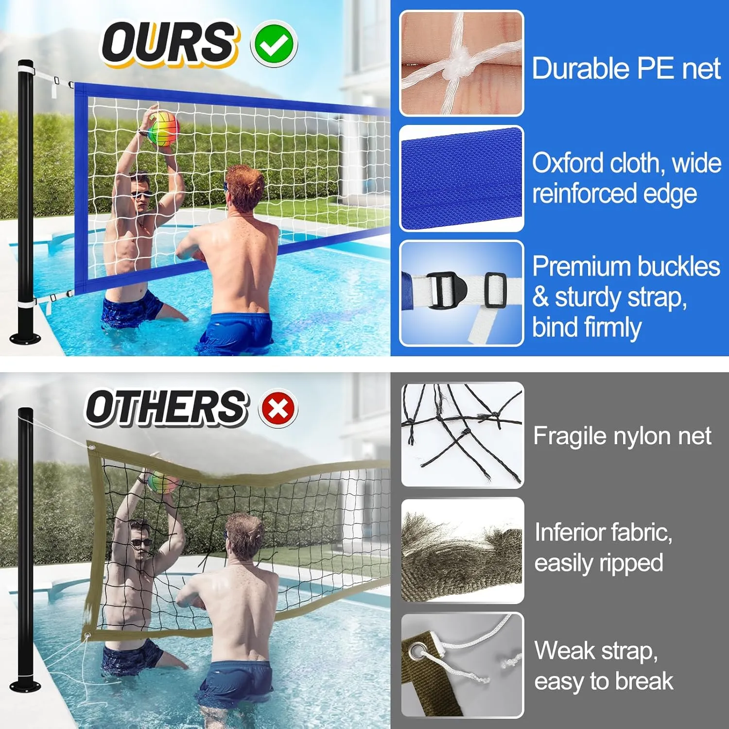 Durable PE Pool Volleyball Net Replacement - Adjustable 15-21.6Ft Width, 3Ft Height (Net Only)
