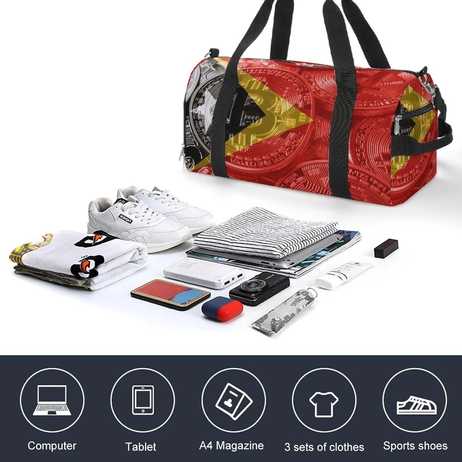 East Timor Flag Bitcoin Sports Duffel Bag with Wet Pocket and Shoe Compartment for Gym