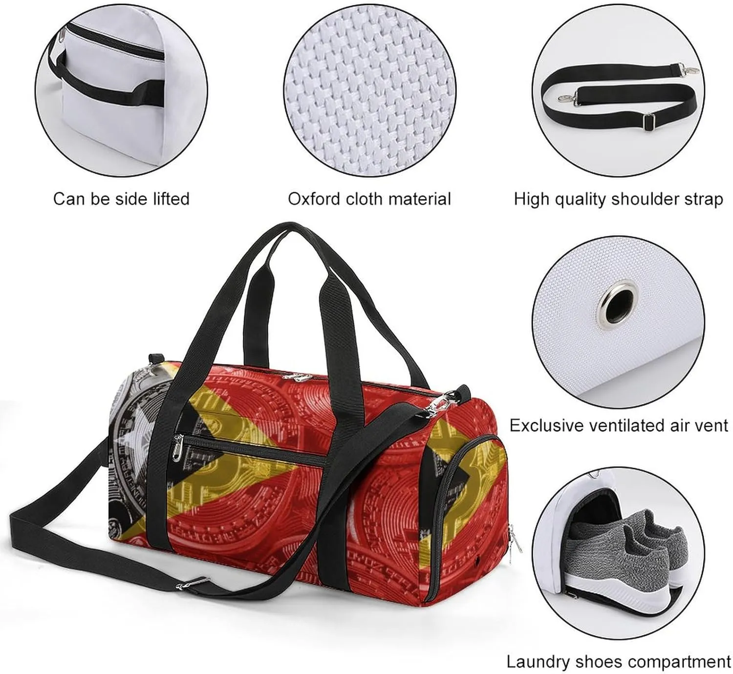 East Timor Flag Bitcoin Sports Duffel Bag with Wet Pocket and Shoe Compartment for Gym