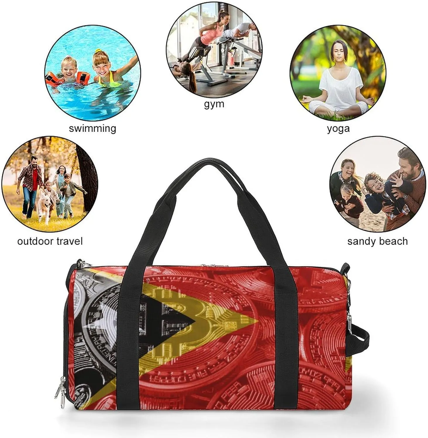 East Timor Flag Bitcoin Sports Duffel Bag with Wet Pocket and Shoe Compartment for Gym