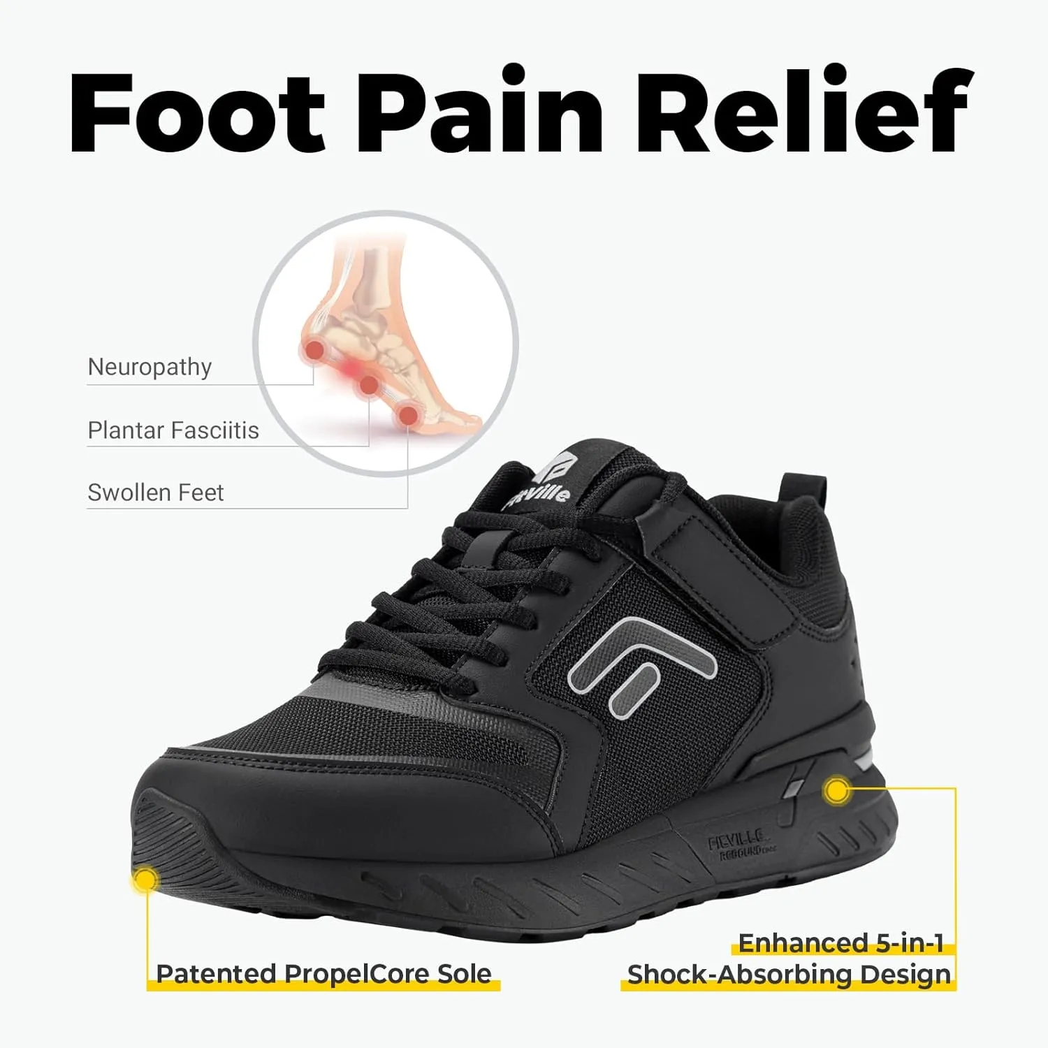 FitVille Men's Walking Shoes Wide Width Diabetic Shoes Orthopedic Sneaker Hook and Loop Running Shoes for Flat Feet Plantar Fasciitis - Rebound Core V7