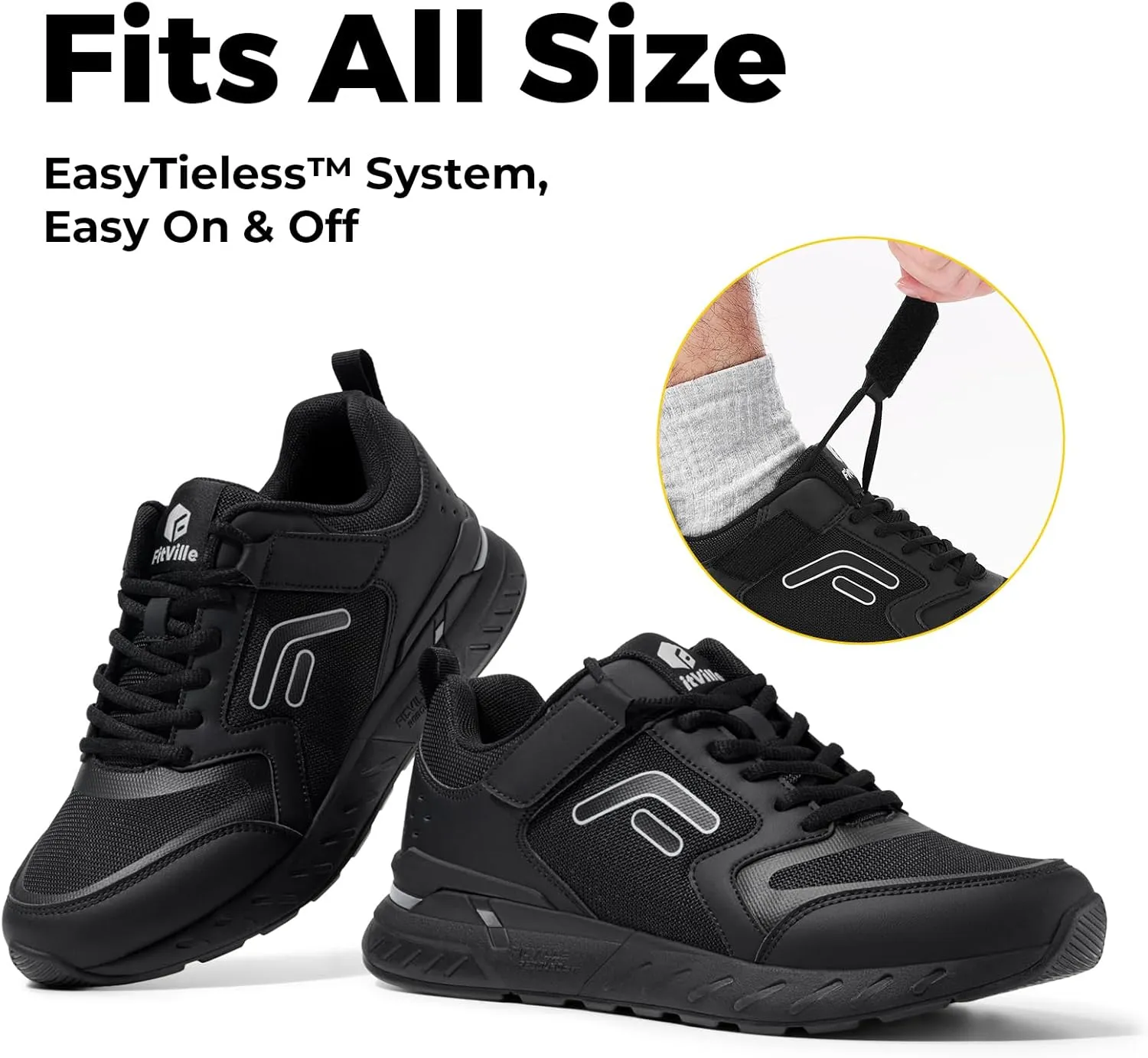 FitVille Men's Walking Shoes Wide Width Diabetic Shoes Orthopedic Sneaker Hook and Loop Running Shoes for Flat Feet Plantar Fasciitis - Rebound Core V7