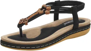 Flat Sandals for Women Comfortable Summer Lightweight Bohemia Cushion Walking Sandals with Elastic Ankle Strap