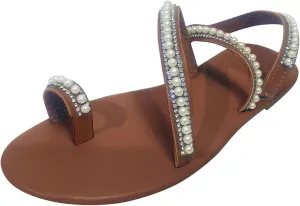 Flat Sandals for Women Dressy Summer Beaded Flip-Flop Bohemia Bling Rhinestone Thong Sandals Roman Shoes with Ankle Strap