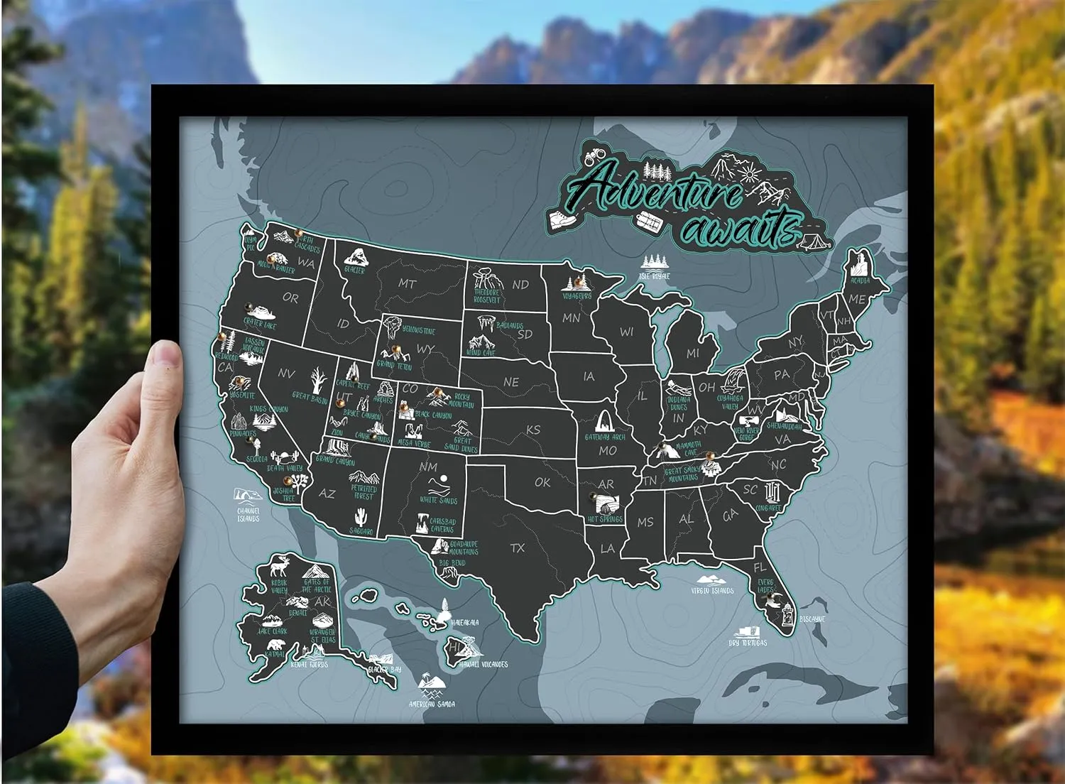 flinelife National Parks Map With Push pins, 12X10, National Park Map Tracker Checklist, Perfect for National Parks Lovers, Hiker, Couples and Families Gift