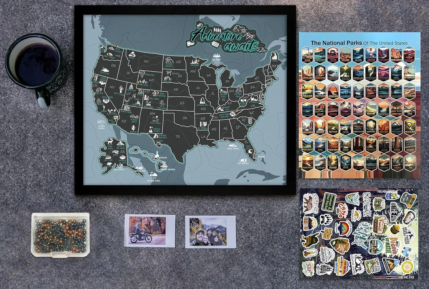 flinelife National Parks Map With Push pins, 12X10, National Park Map Tracker Checklist, Perfect for National Parks Lovers, Hiker, Couples and Families Gift