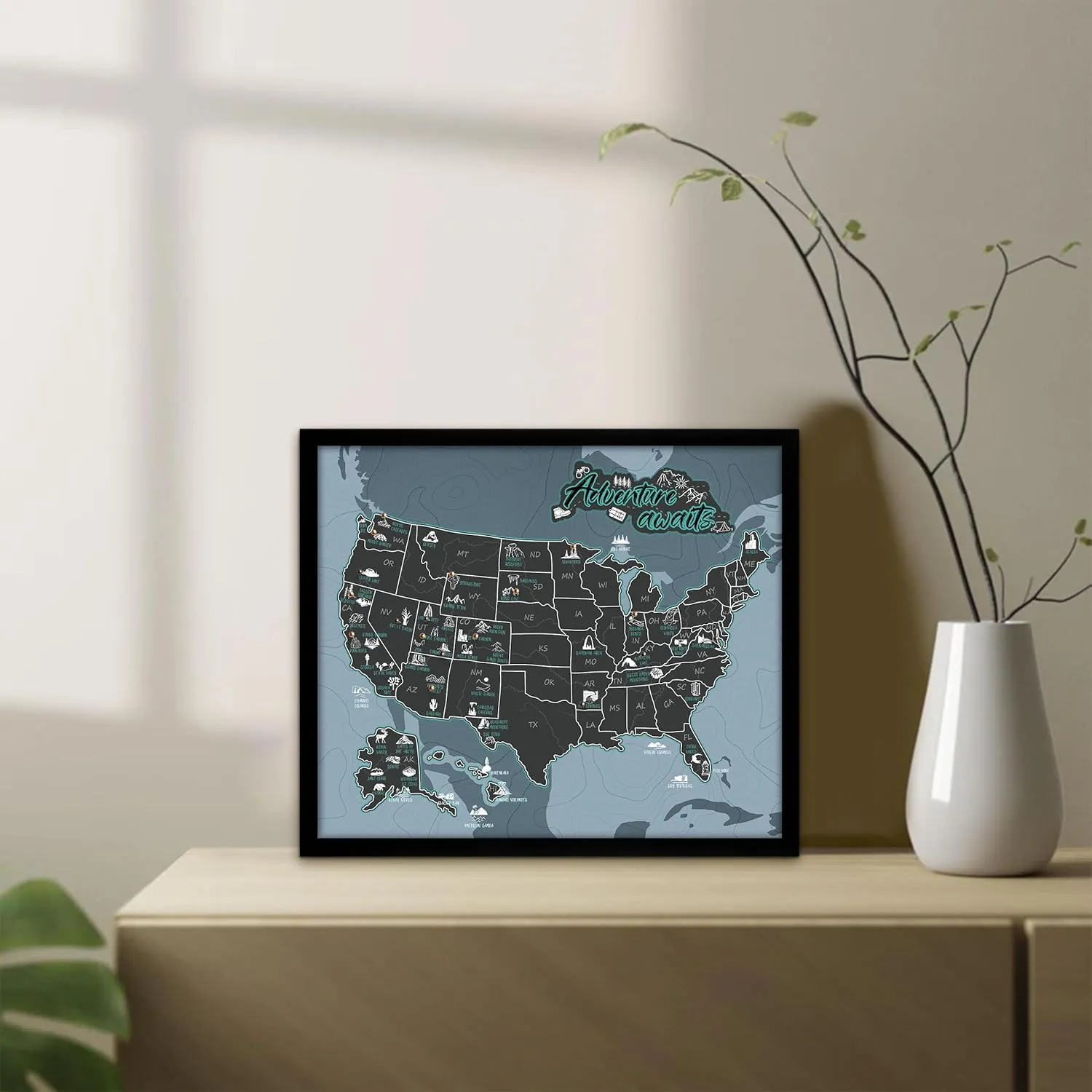 flinelife National Parks Map With Push pins, 12X10, National Park Map Tracker Checklist, Perfect for National Parks Lovers, Hiker, Couples and Families Gift