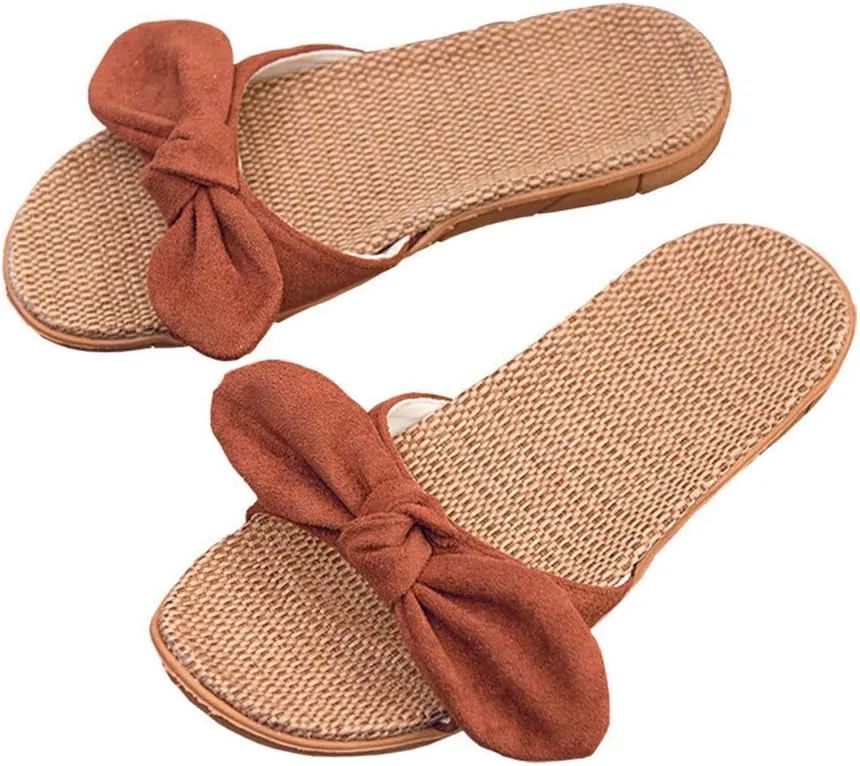 Flip Flops Women Slippers,Linen Flat,Lightweight Silent Straw Low Heels,Antiskid Sandals Slip for Couples,Sweet Beach,Brown,39
