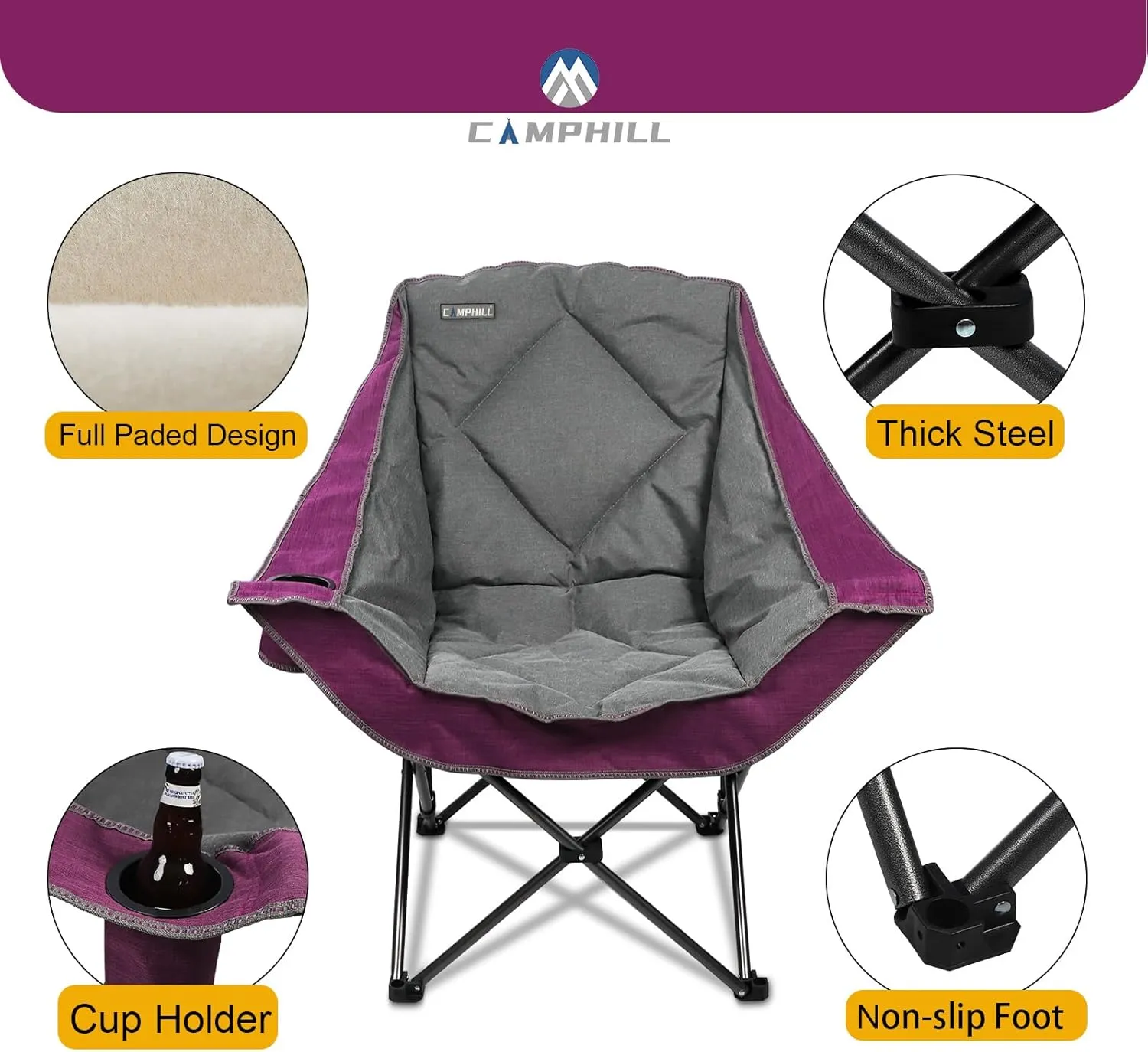 Folding Camping Chair,Oversized Portable Camping Chair with Cup Holder,Heavy Duty Padded Lawn Chair for Camping, Tailgates, Beach, and Sports