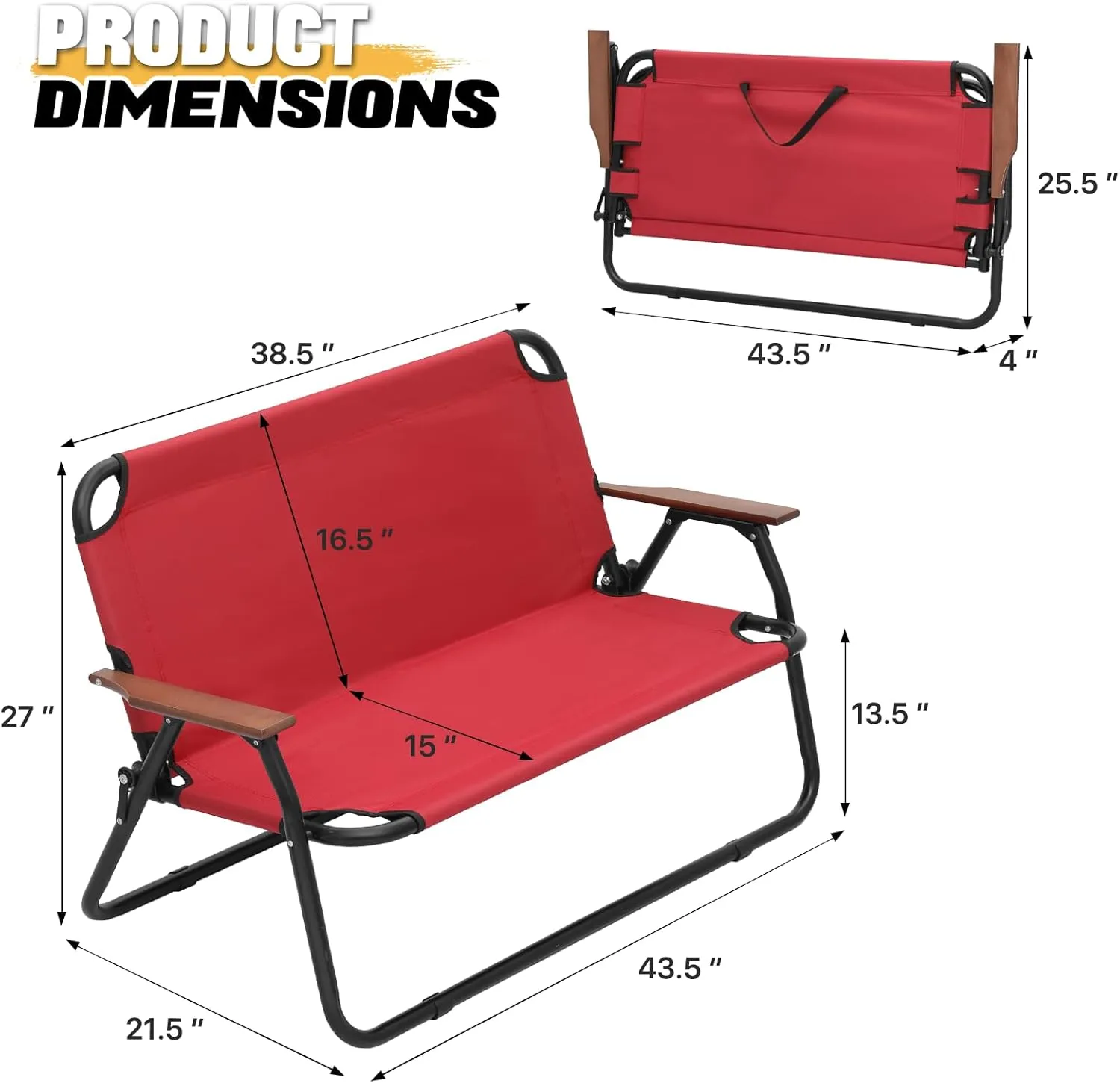 Folding Double Camping Chair 2 Person Loveseat Outdoor Portable Camp Dining Seat (Red)