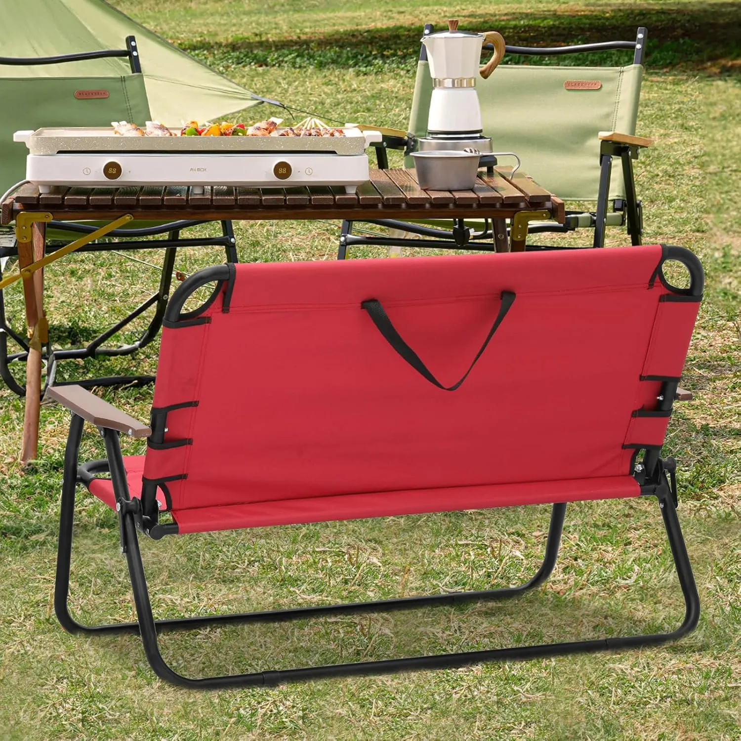 Folding Double Camping Chair 2 Person Loveseat Outdoor Portable Camp Dining Seat (Red)