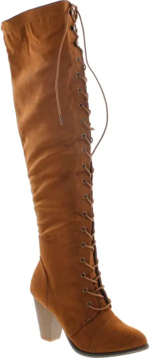 Forever Camila-48 Women's Chunky Heel Lace Up Over The Knee Brown High Riding Boots,Tan Suede,6