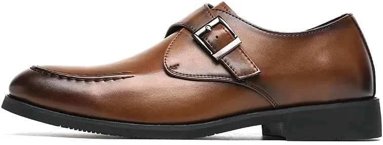 Formal Oxford Shoes for Men Slip On Round Toe PU Leather Monk Strap Apron Toe Block Heel Slip Resistant Low Top Non Slip Walking