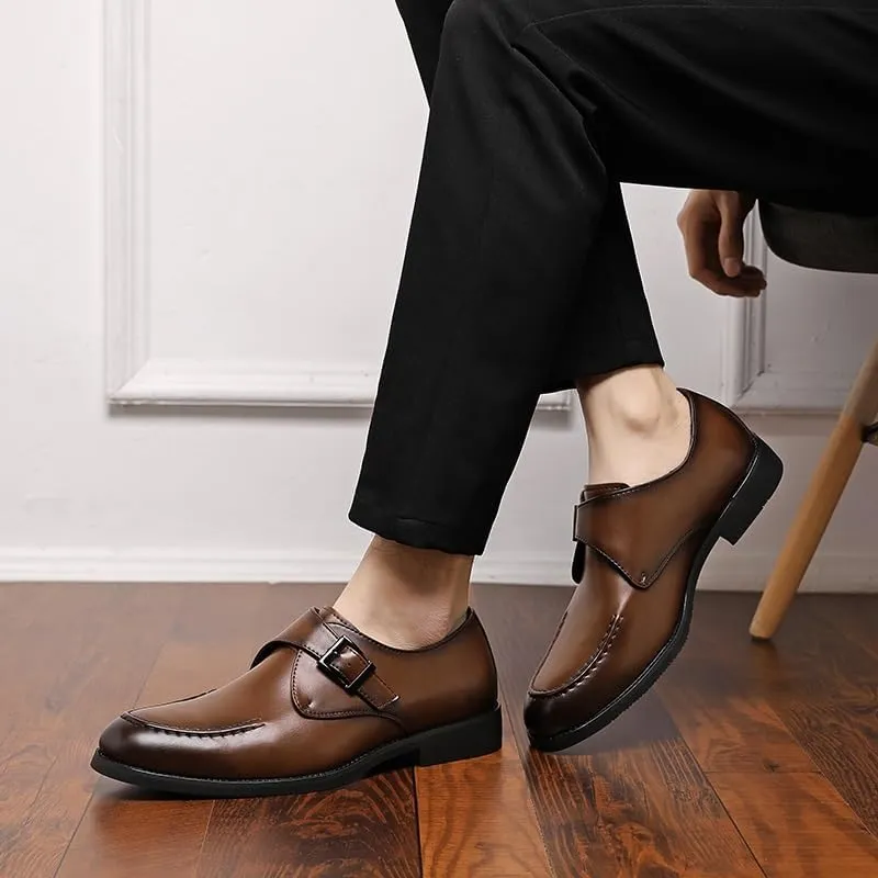 Formal Oxford Shoes for Men Slip On Round Toe PU Leather Monk Strap Apron Toe Block Heel Slip Resistant Low Top Non Slip Walking