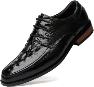 Formal Shoes Dress Oxford for Men Lace Up Round Burnished Toe Genuine Leather Crocodile Print Derby Shoes Non Slip Resistant Rubber Sole Anti-Slip