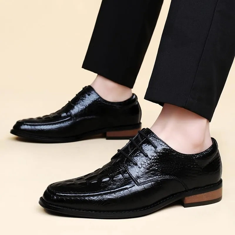 Formal Shoes Dress Oxford for Men Lace Up Round Burnished Toe Genuine Leather Crocodile Print Derby Shoes Non Slip Resistant Rubber Sole Anti-Slip
