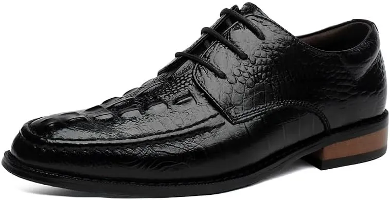 Formal Shoes Dress Oxford for Men Lace Up Round Burnished Toe Genuine Leather Crocodile Print Derby Shoes Non Slip Resistant Rubber Sole Anti-Slip
