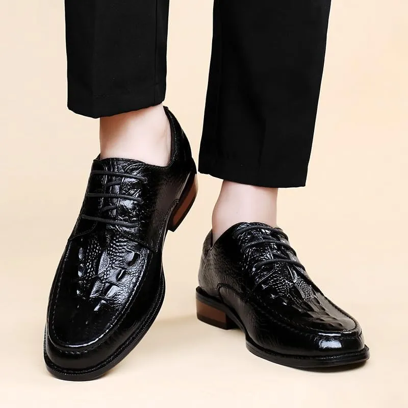 Formal Shoes Dress Oxford for Men Lace Up Round Burnished Toe Genuine Leather Crocodile Print Derby Shoes Non Slip Resistant Rubber Sole Anti-Slip