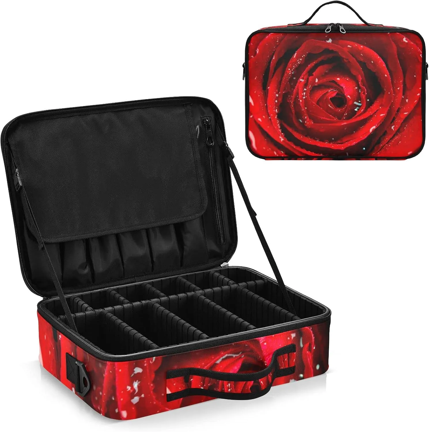 Fresh Red Rose Bud, The Petals of Red Roses with Water Women's Portable Makeup Bag with Handle, Cosmetic Bag, Adjustable Dividers, Travel Cosmetic Toiletry Storage Organizer for women