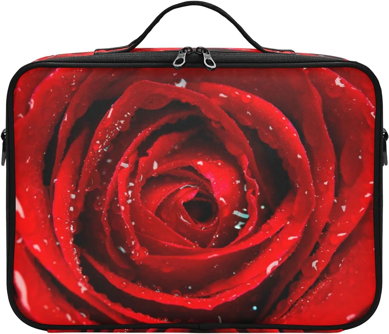 Fresh Red Rose Bud, The Petals of Red Roses with Water Women's Portable Makeup Bag with Handle, Cosmetic Bag, Adjustable Dividers, Travel Cosmetic Toiletry Storage Organizer for women