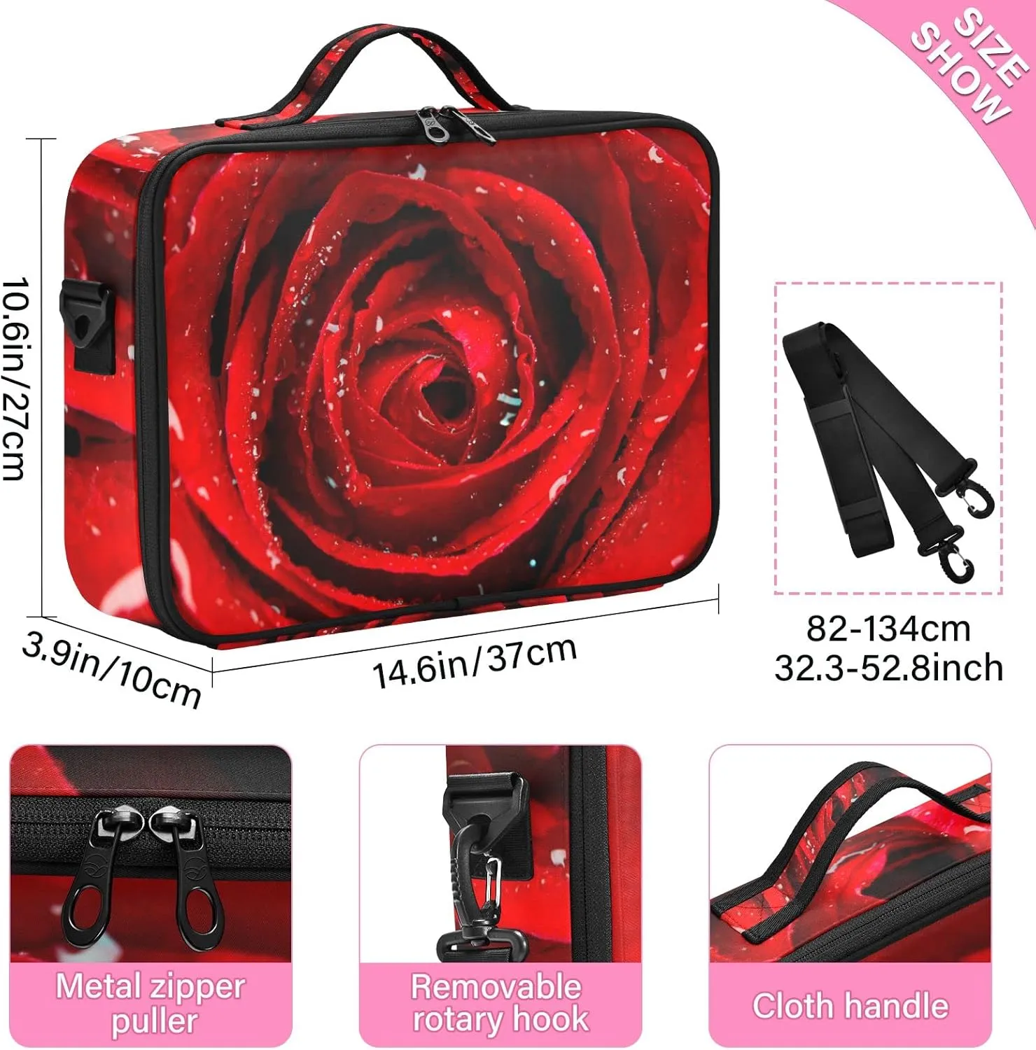 Fresh Red Rose Bud, The Petals of Red Roses with Water Women's Portable Makeup Bag with Handle, Cosmetic Bag, Adjustable Dividers, Travel Cosmetic Toiletry Storage Organizer for women