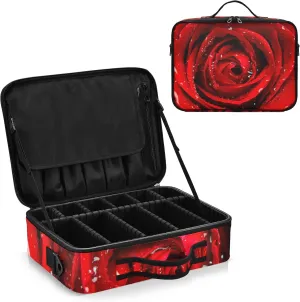 Fresh Red Rose Bud, The Petals of Red Roses with Water Women's Portable Makeup Bag with Handle, Cosmetic Bag, Adjustable Dividers, Travel Cosmetic Toiletry Storage Organizer for women