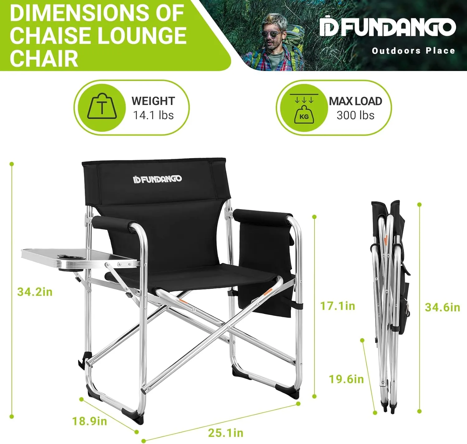 FUNDANGO Portable Lightweight Folding Camping Director Chair with Side Table Oversized Camp Chair Aluminum Fold Up Chair Outdoor Chairs for Picnic, Sports, BBQ, Fishing, Heavy Duty Holds up to 300lbs