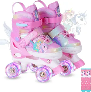 Girls Roller Skates for Kids Ages 3-12 Adjustable Light Up Roller Skates for Toddlers Beginners Boys Unicorn Mermaid Rainbow Gift for Indoor Outdoor Sports