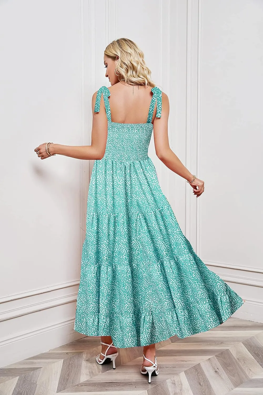 GOLDSTITCH Women's Summer Boho Spaghetti Strap Ruffle A Line Beach Long Maxi Dress