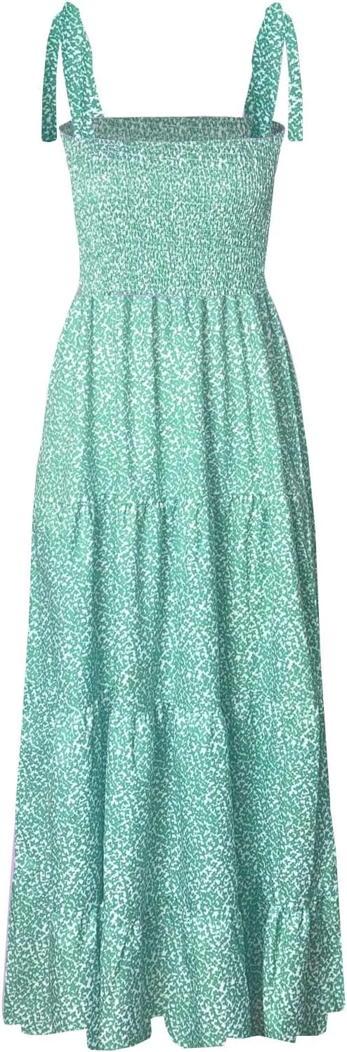 GOLDSTITCH Women's Summer Boho Spaghetti Strap Ruffle A Line Beach Long Maxi Dress