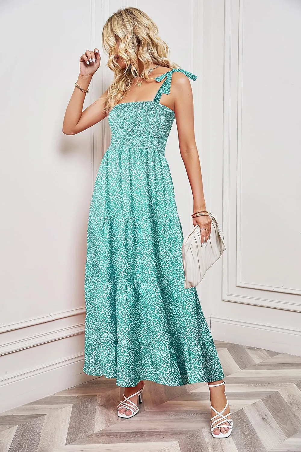 GOLDSTITCH Women's Summer Boho Spaghetti Strap Ruffle A Line Beach Long Maxi Dress