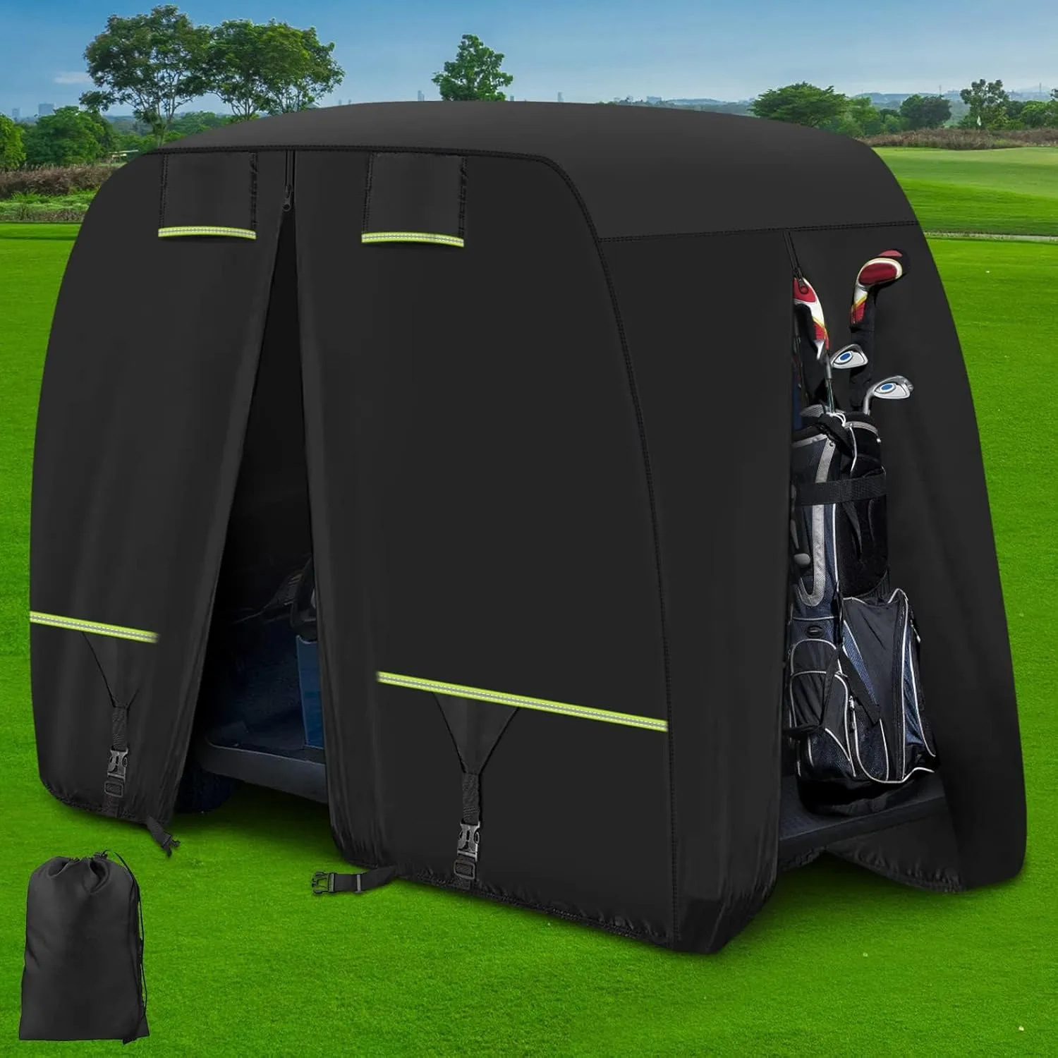 Golf Cart Cover Fits EZGO, Club Car, Yamaha Most 4 Passenger/ 2 Passenger Golf Cart, Upgrade Reflective Strips/Two Windproof Straps/Three Sides Zipper Opening/Four Air Vents, All Weather Protection