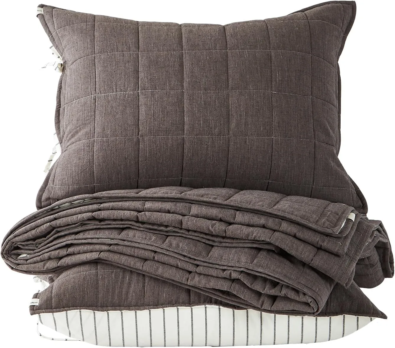 Gray Twin Quilt， Cotton Linen Twin Quilt Bedding Set，2-Pieces Quilted with Grey Stripe Coverlet Lightweight Grey Bedding Comforters with 1 Pillow Shams