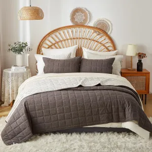 Gray Twin Quilt， Cotton Linen Twin Quilt Bedding Set，2-Pieces Quilted with Grey Stripe Coverlet Lightweight Grey Bedding Comforters with 1 Pillow Shams
