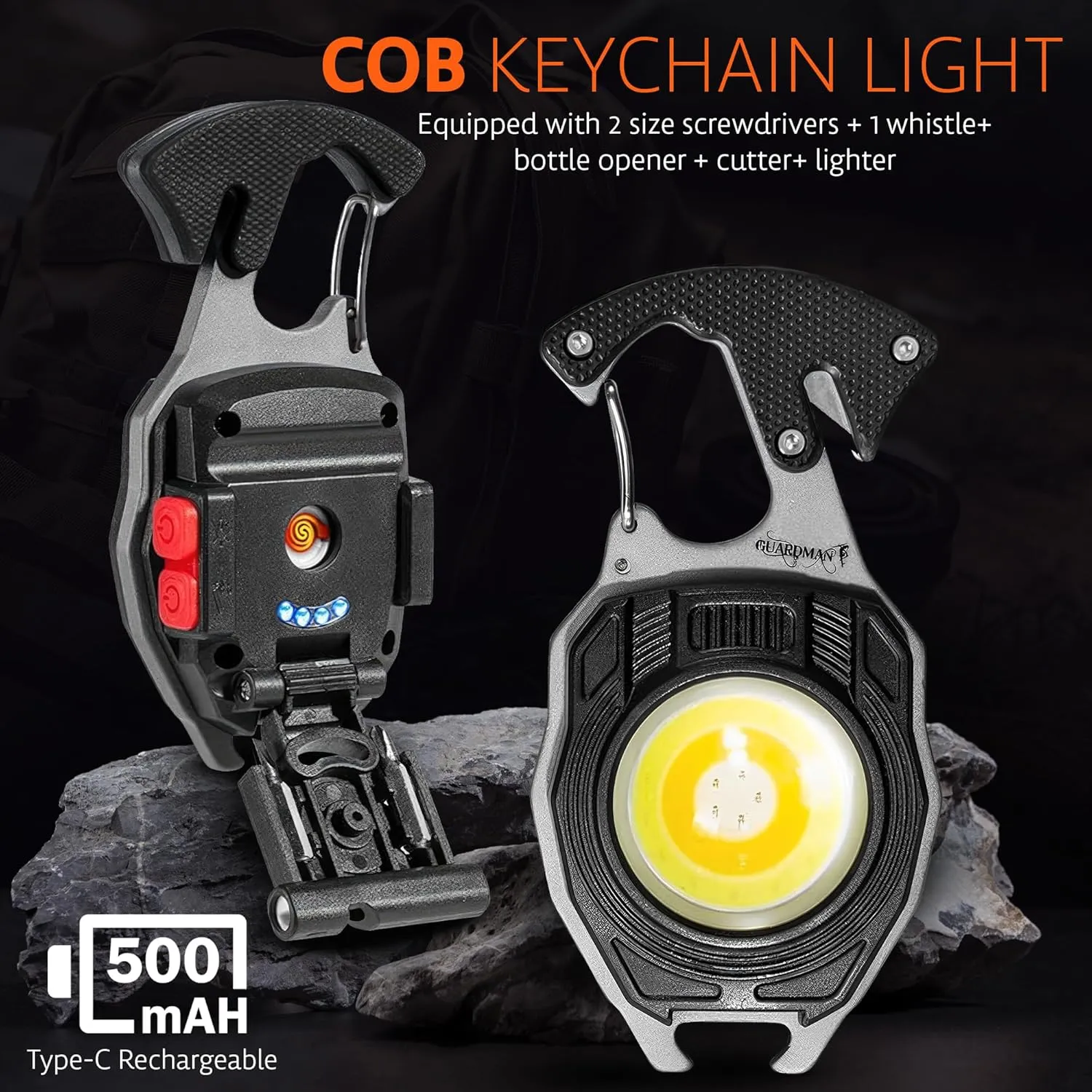 GUARDMAN Fathers Day Gift for Dad – Multitool Survival keychain Tool, LED Flashlight, Carabiner, Fire Starter, Screwdriver, Whistle, Bottle Opener – Camping & Outdoor Multi Tool Gear - 10 Pack