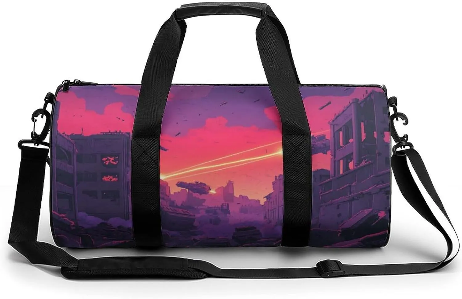 Gym Bag 17in for Men Women, Waterproof Foldable Sports Organizer, Durable Workout Travel Duffle Bag, Laser Combat in Ruins-226