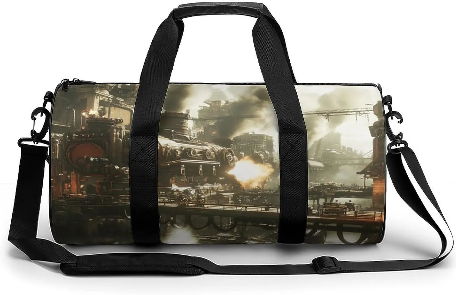 Gym Bag 17in for Men Women, Waterproof Foldable Sports Organizer, Durable Workout Travel Duffle Bag, Steam City Warfare-65