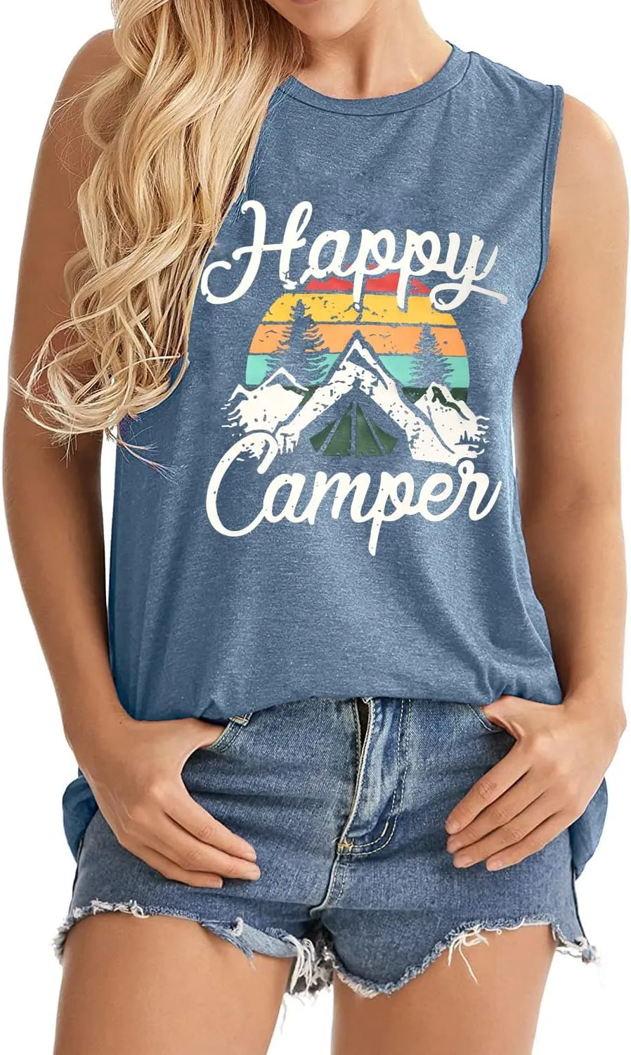 Happy Camp T-Shirt Women Hiking Mountain Adventure Novelty Workout Funny Saying Cute Graphic Athletic Shirt