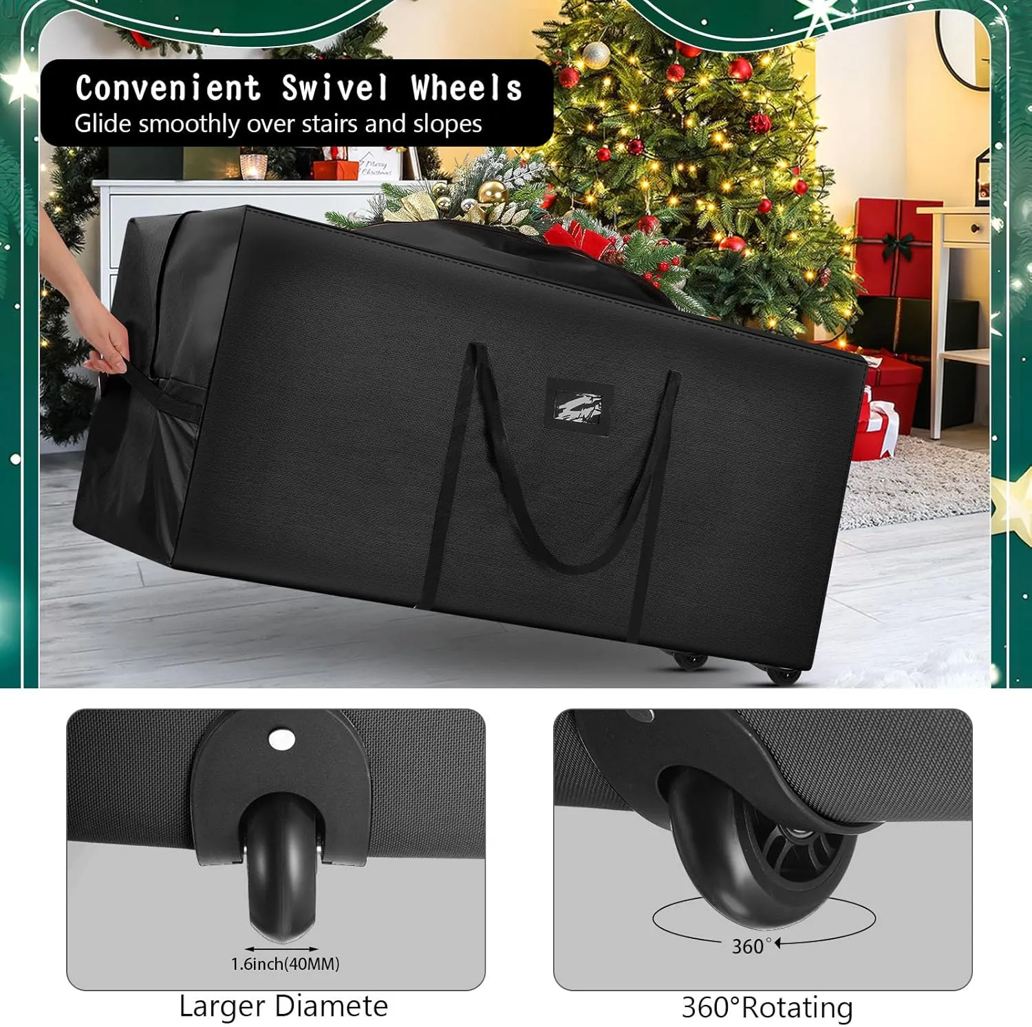 Heavy Duty Christmas Tree Storage Bag - 900d Oxford Fabric with Wheels and Reinforced Handles, Durable Storage Box for Disassembled Holiday Trees(7.5ft,Black)