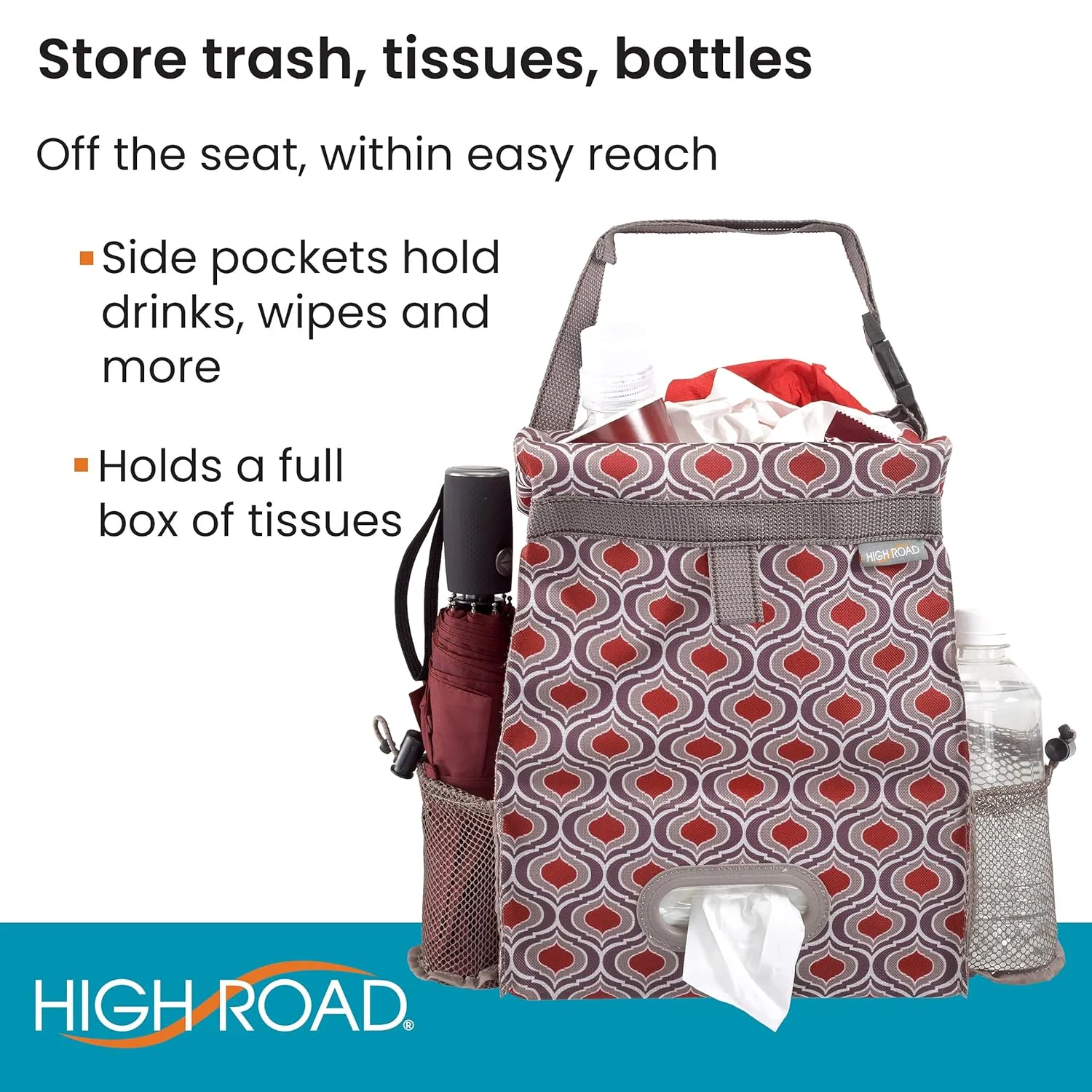 High Road Back Seat Trash Bag with Car Tissue and Cup Holder Pockets - Holds Full Size Tissue Box - 2 Gal Covered Trash Can