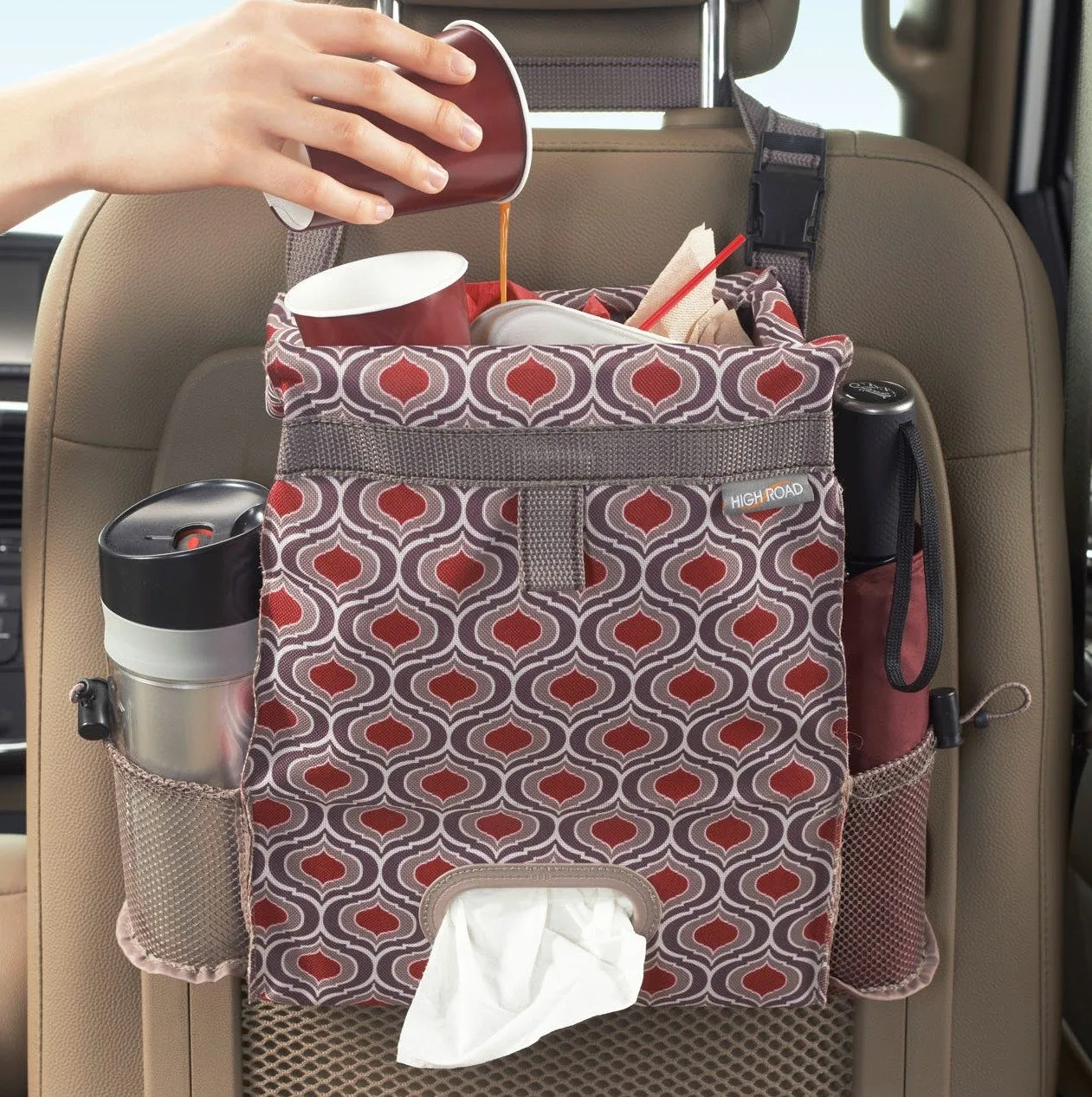 High Road Back Seat Trash Bag with Car Tissue and Cup Holder Pockets - Holds Full Size Tissue Box - 2 Gal Covered Trash Can