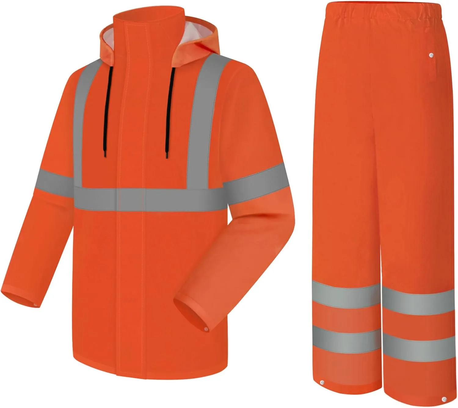 High Visibility Rain Coat and Pants, High Vis Rain Suit for Men, Waterproof Rain Jacket with Hood, Class 3 Lightweight Hi Vis Rain Gear for Outdoor & Safety Work, Men Women, Orange B, S-M
