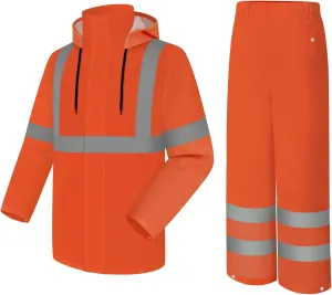 High Visibility Rain Coat and Pants, High Vis Rain Suit for Men, Waterproof Rain Jacket with Hood, Class 3 Lightweight Hi Vis Rain Gear for Outdoor & Safety Work, Men Women, Orange B, S-M