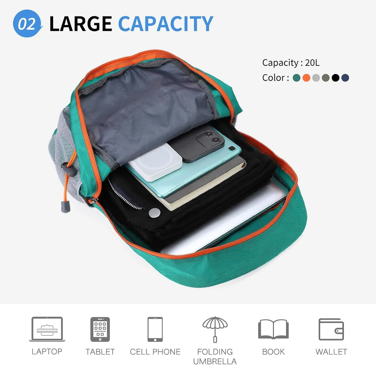 Hiking Daypack Packable, Camping Backpack Water Resistant Lightweight Polyester for Men Women Travel Outdoor