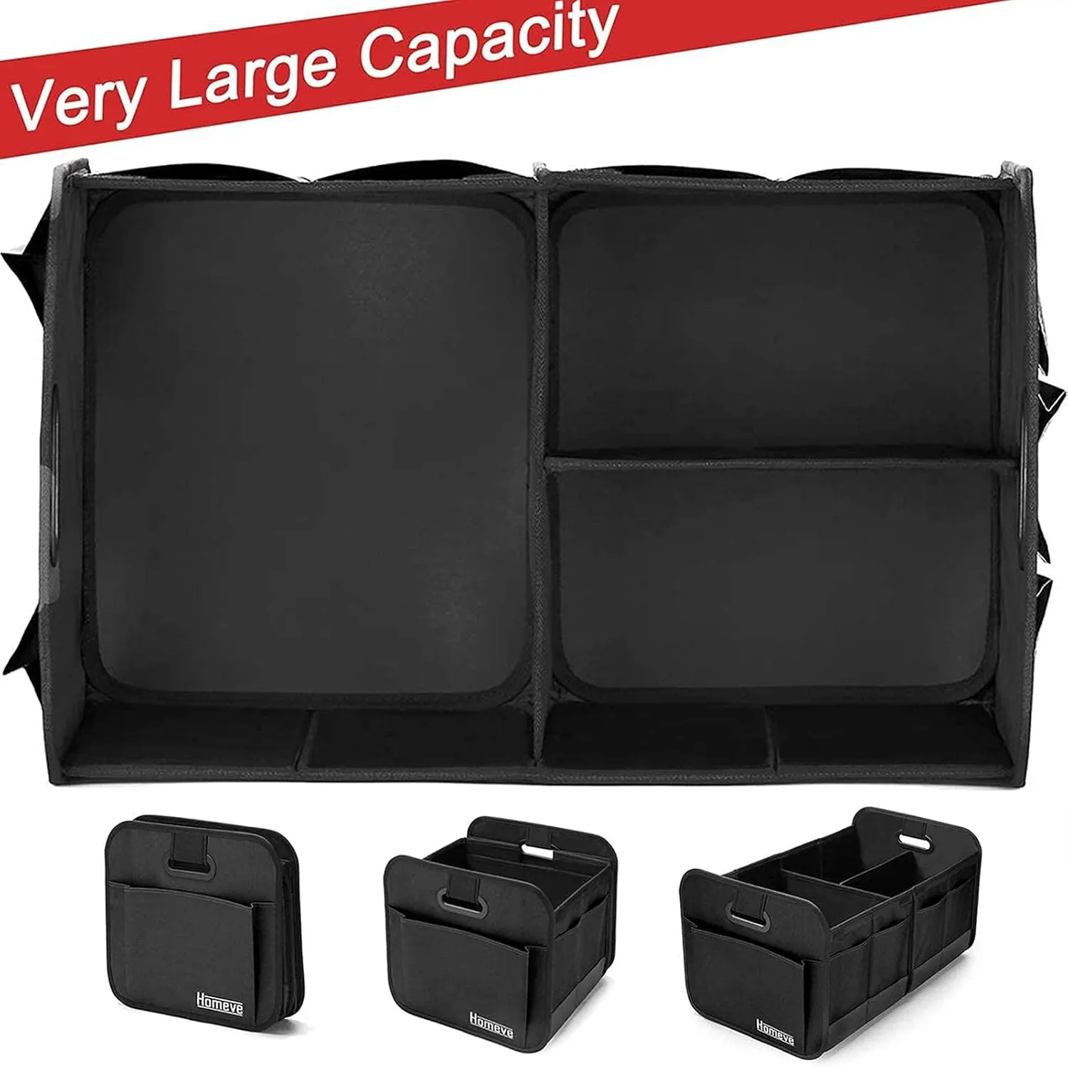 Homeve 2 Pack Trunk Organizer for Car, Reinforced Handles, Collapsible Multi-Compartment Car Organizers, Foldable and Waterproof, 600D Oxford Polyester, Suitable for Any Car, SUV, Mini-Van, Black