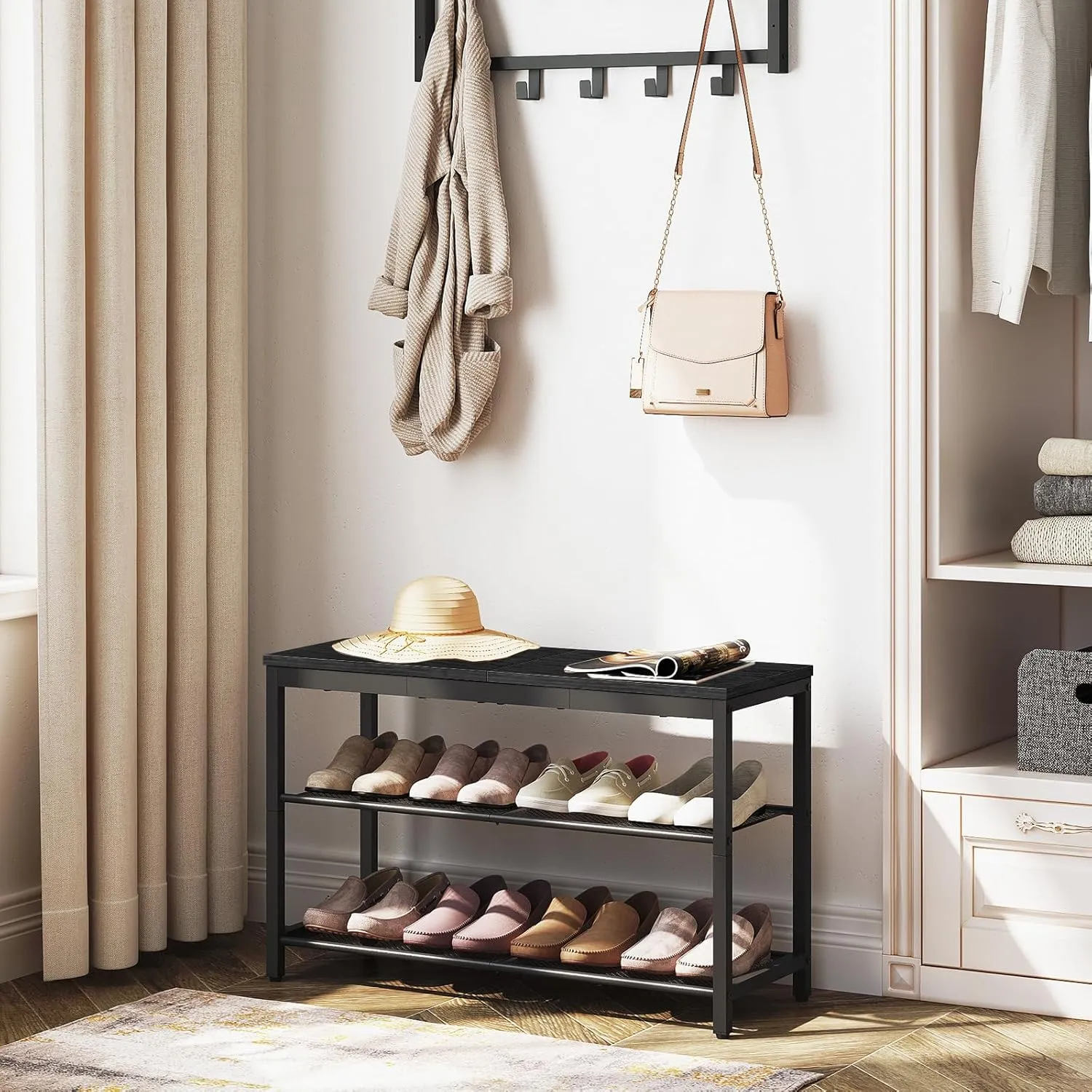 HOOBRO Shoe Bench, 3-Tier Shoe Rack, Industrial Shoe Organizer Storage Bench, 29.5 inches Entry Bench with Mesh Shelves, for Entryway, Living Room, Hallway, Easy Assembly, Black BB75HX01
