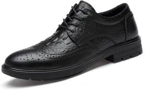 HOOENG Dress Oxford for Men Lace Up Crocodile Brogue Embossed Wing Tip Almond Toe Leather Slip Resistant Block Heel Non Slip Anti-Slip Classic (Color : Black, Size : 10)