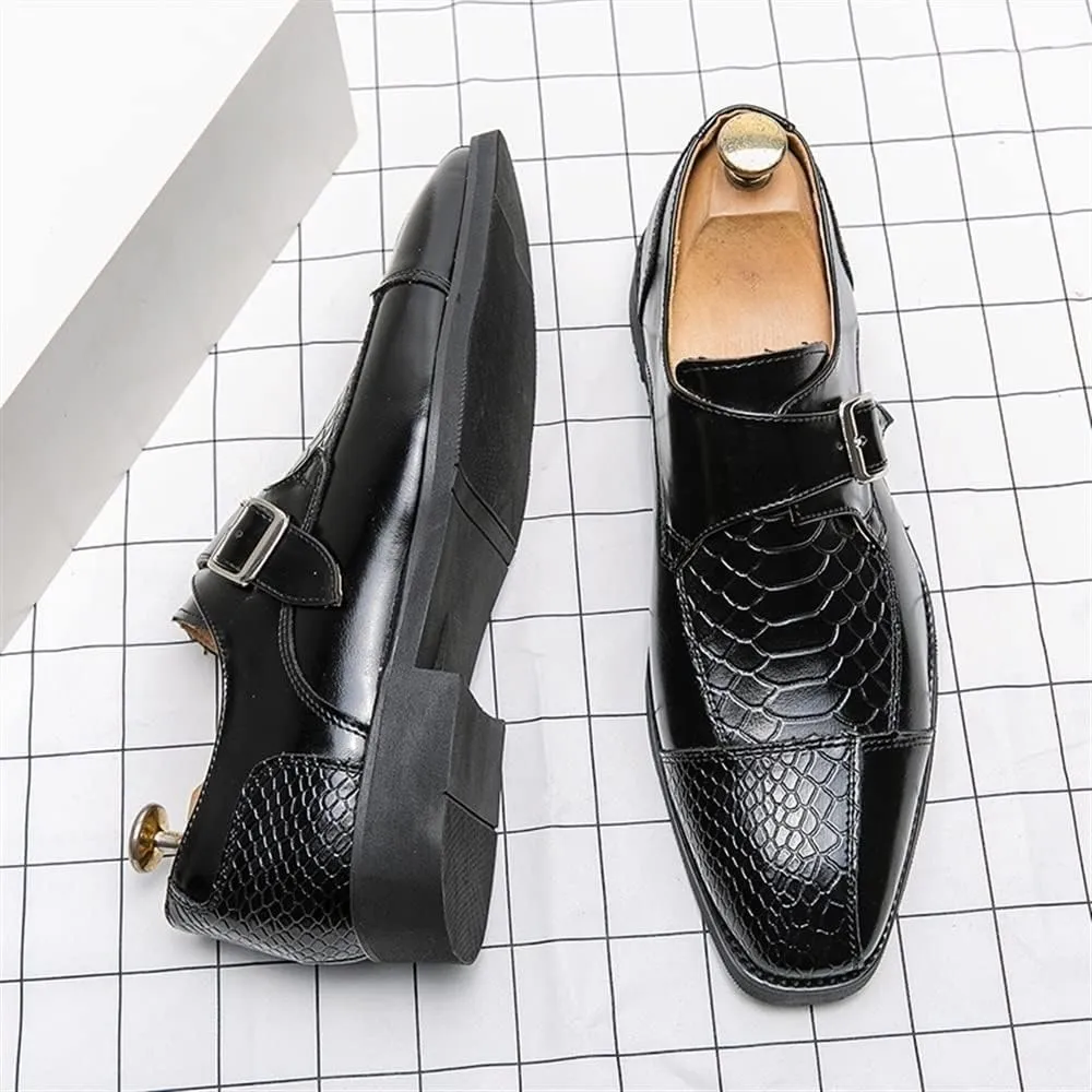 HOOENG Dress Oxford for Men Slip On Monk Strap Crocodile Print Faux Leather Slip Resistant Low Top Block Heel Rubber Sole Anti-Slip Outdoor