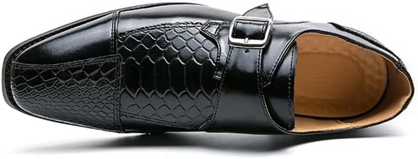 HOOENG Dress Oxford for Men Slip On Monk Strap Crocodile Print Faux Leather Slip Resistant Low Top Block Heel Rubber Sole Anti-Slip Outdoor